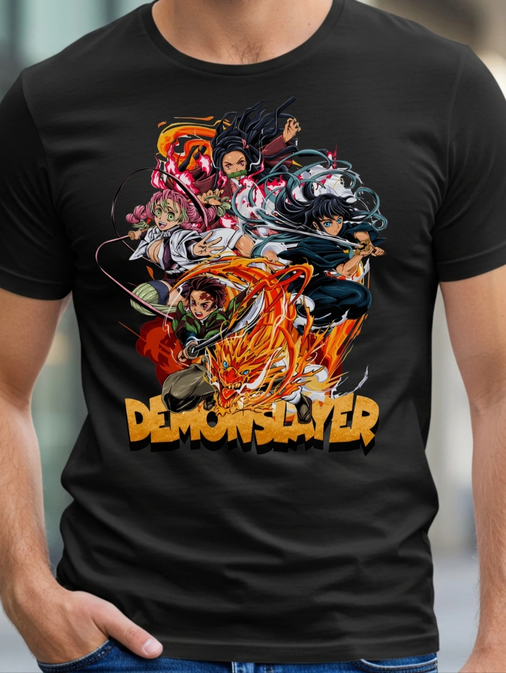 Graphic Anime Demon Slayer Tee for Men - Black